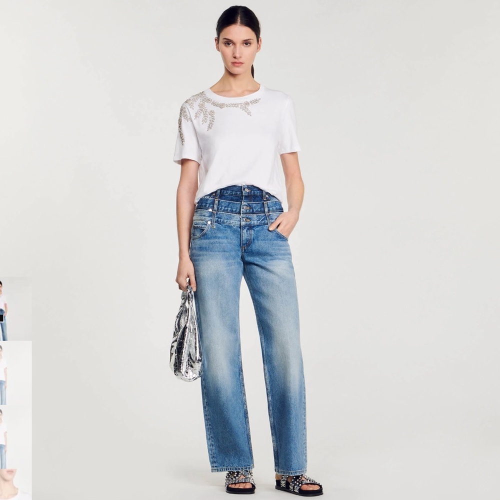 NWT - Sandro Stras Rhinestone Embellished White T-Shirt